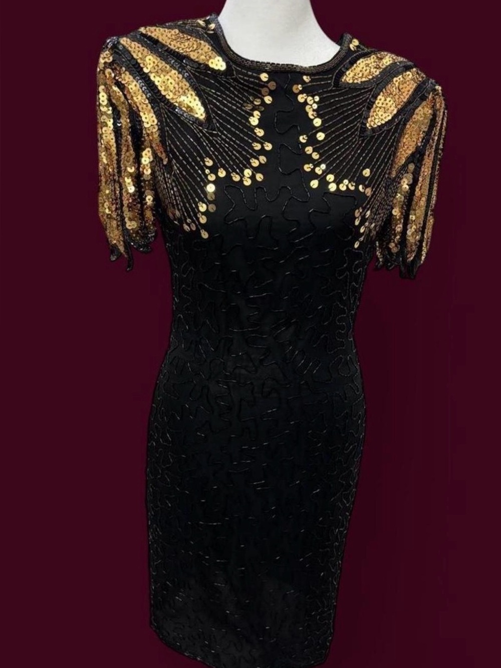 🥀🪽Vintage 80s Black & Gold Beaded Cocktail Dress | Silk Look | Sculptural Angel